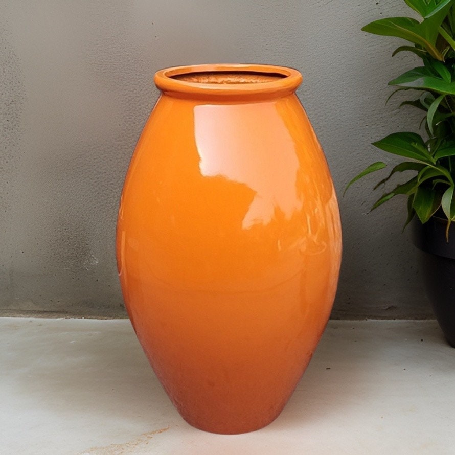Handmade Glossy Orange Fiberglass Planter: Large Round Jar (35-41 Inches)