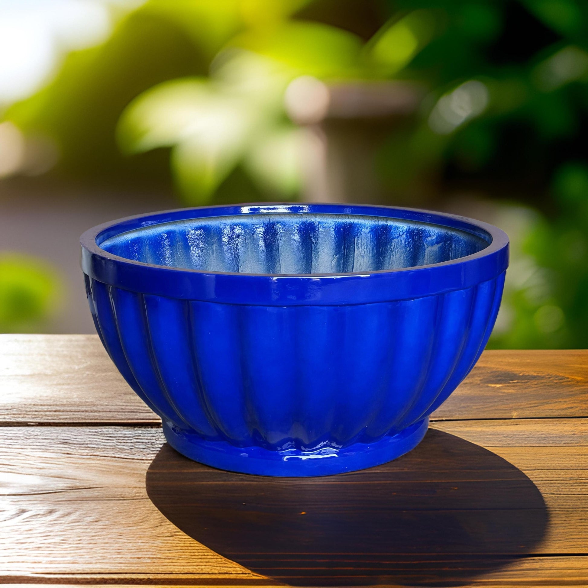 Shiny Blue Fiberglass Planter: Modern Round Bowl, Indoor Outdoor (22-28 Inches)