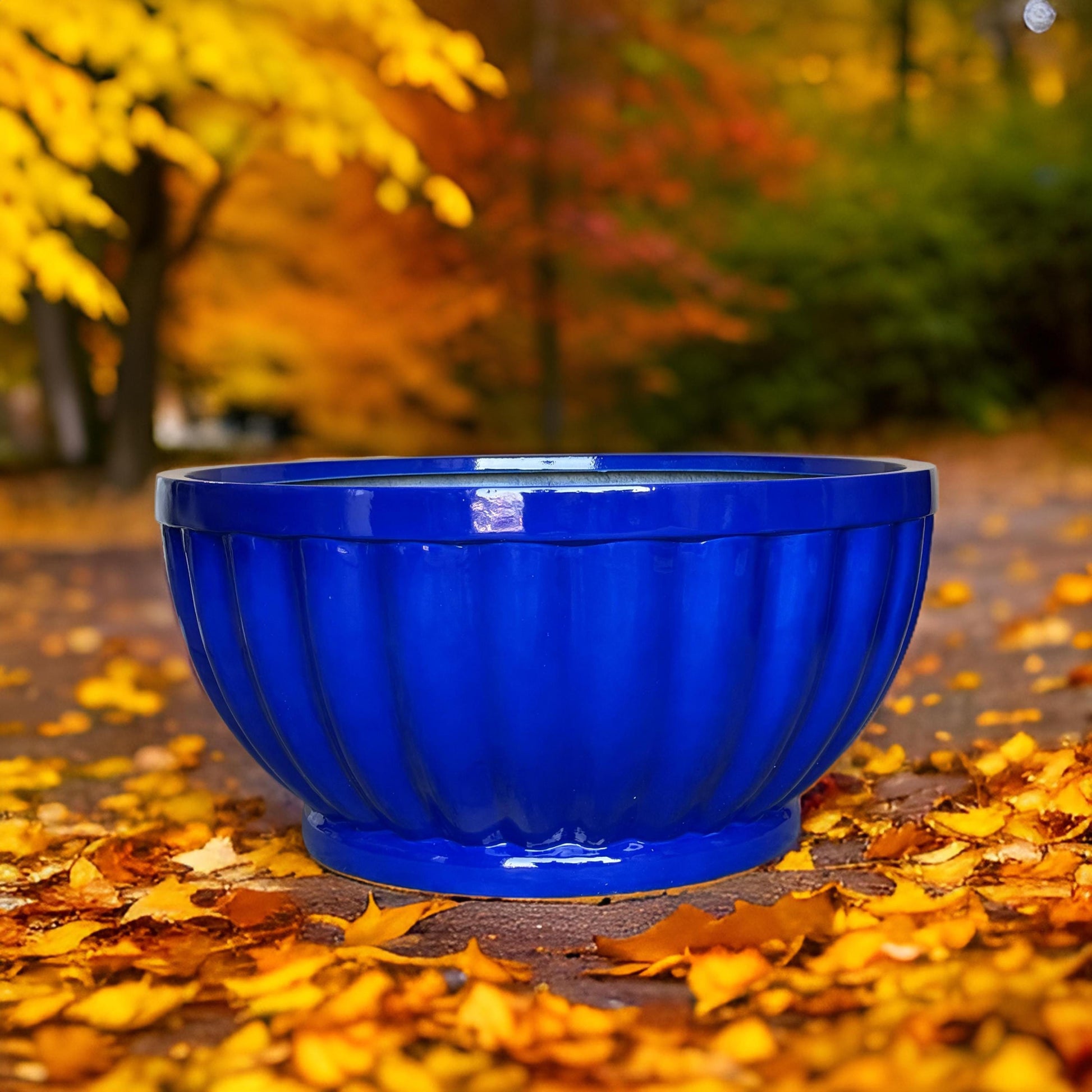 Shiny Blue Fiberglass Planter: Modern Round Bowl, Indoor Outdoor (22-28 Inches)