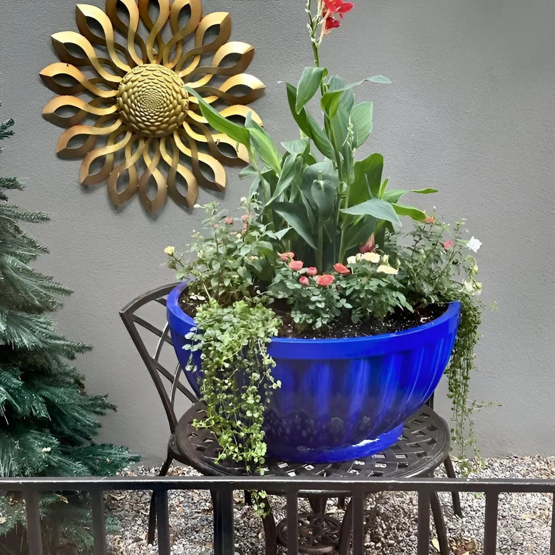 Shiny Blue Fiberglass Planter: Modern Round Bowl, Indoor Outdoor (22-28 Inches)