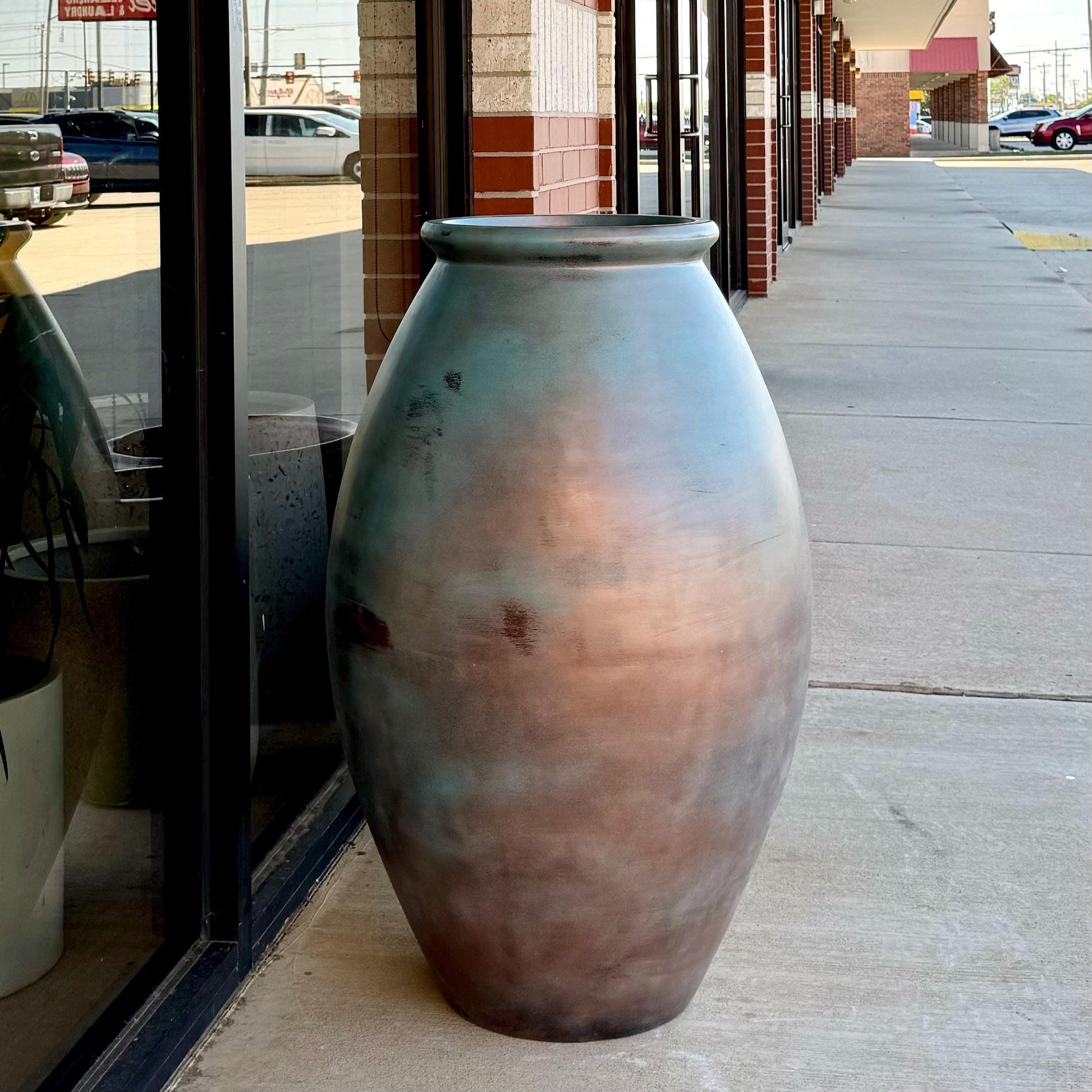 Large Patina Copper Fiberglass Planter: 35-45 Inch Round Jar