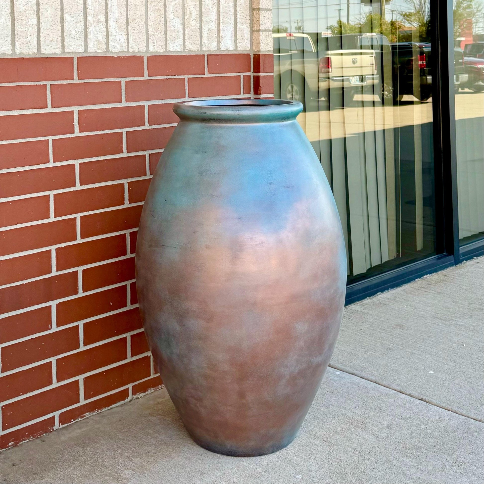 Large Patina Copper Fiberglass Planter: 35-45 Inch Round Jar
