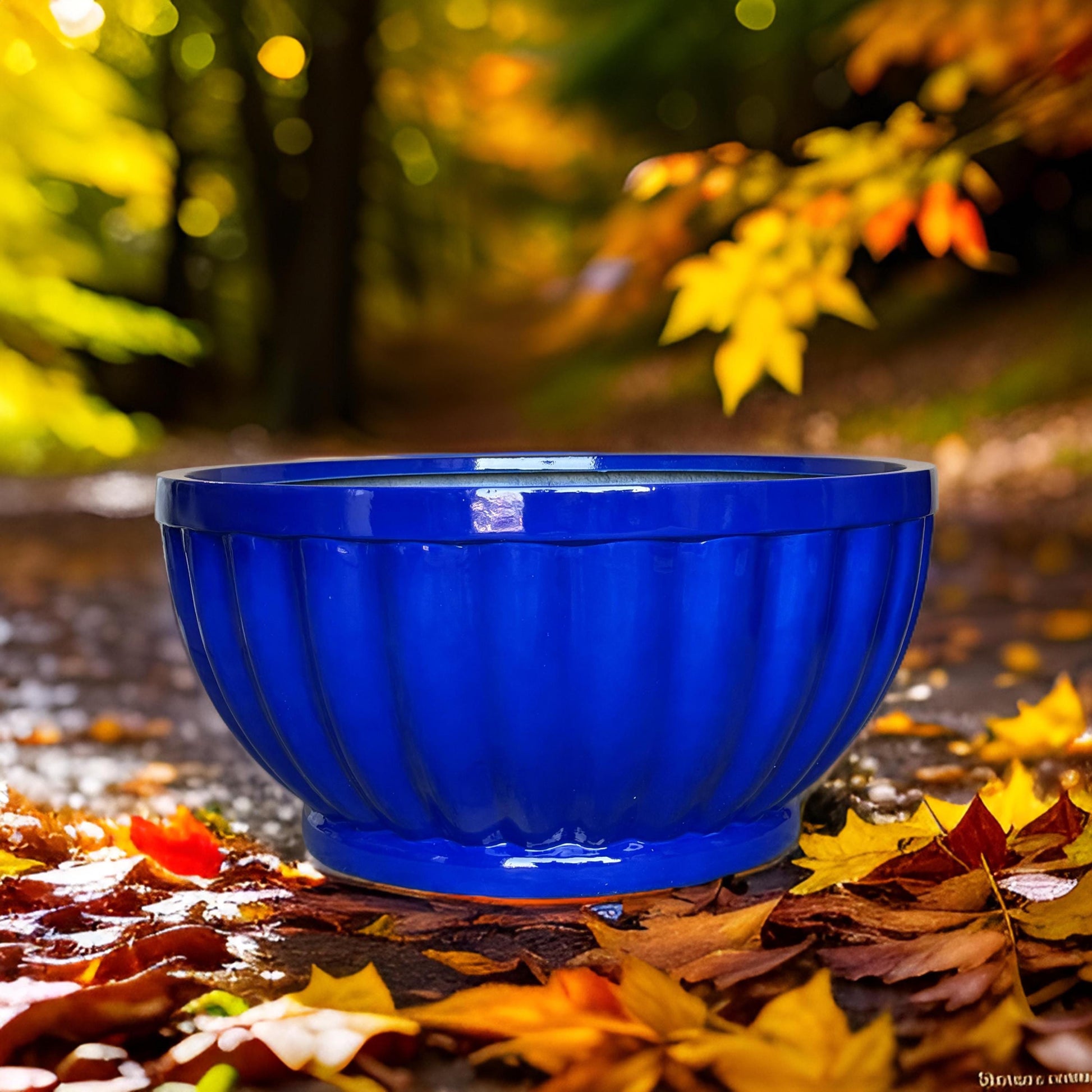 Shiny Blue Fiberglass Planter: Modern Round Bowl, Indoor Outdoor (22-28 Inches)