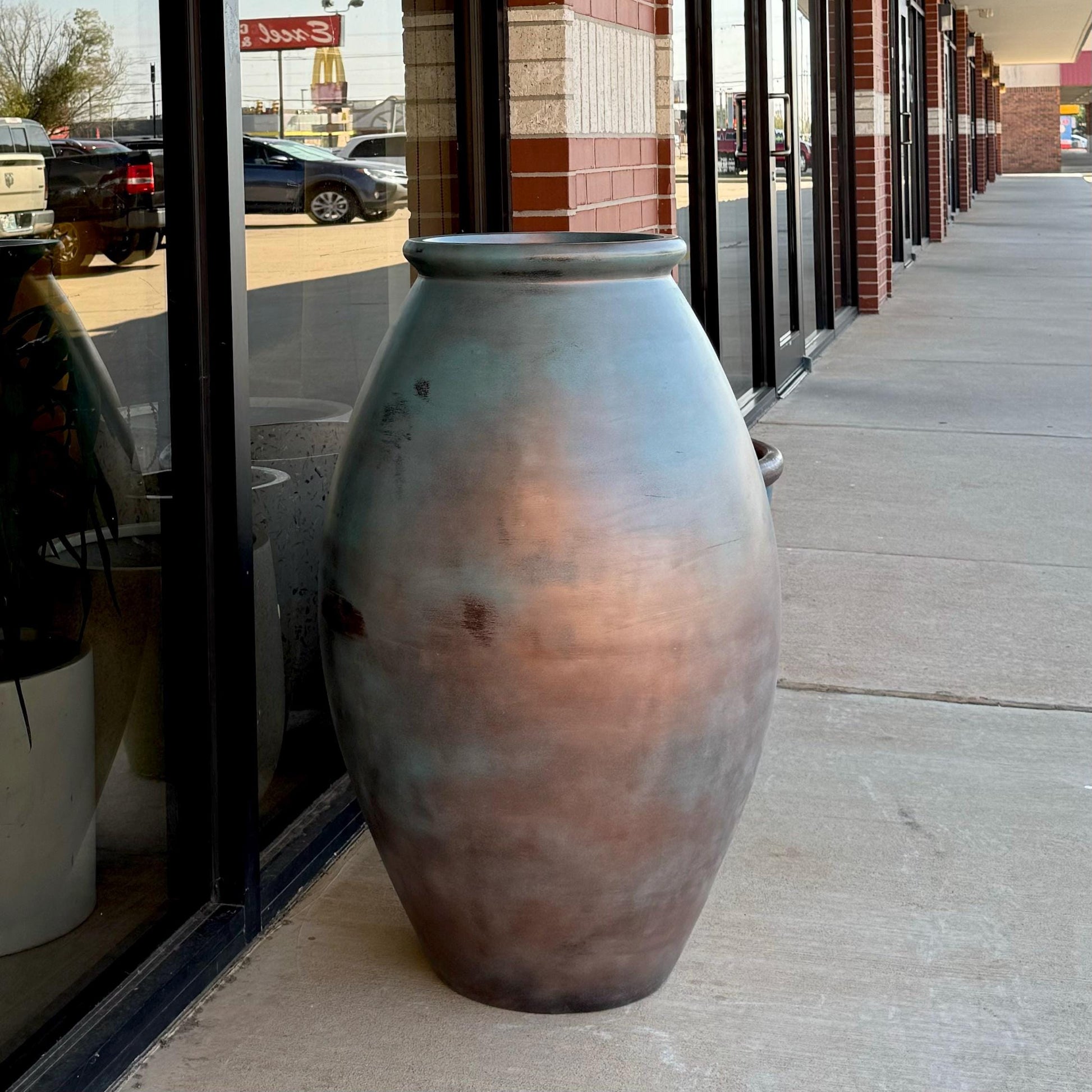 Large Patina Copper Fiberglass Planter: 35-45 Inch Round Jar