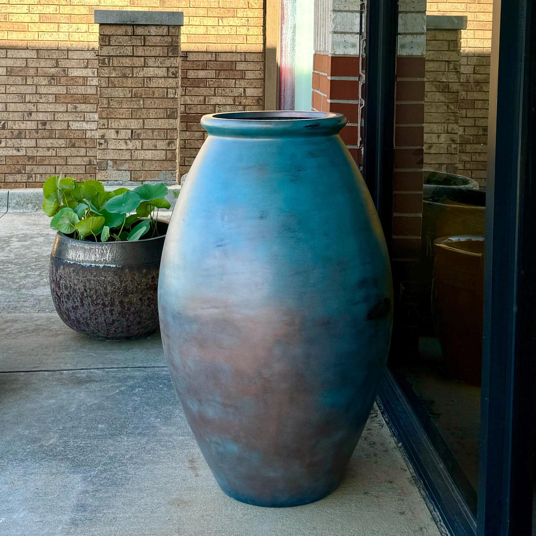 Large Patina Copper Fiberglass Planter: 35-45 Inch Round Jar