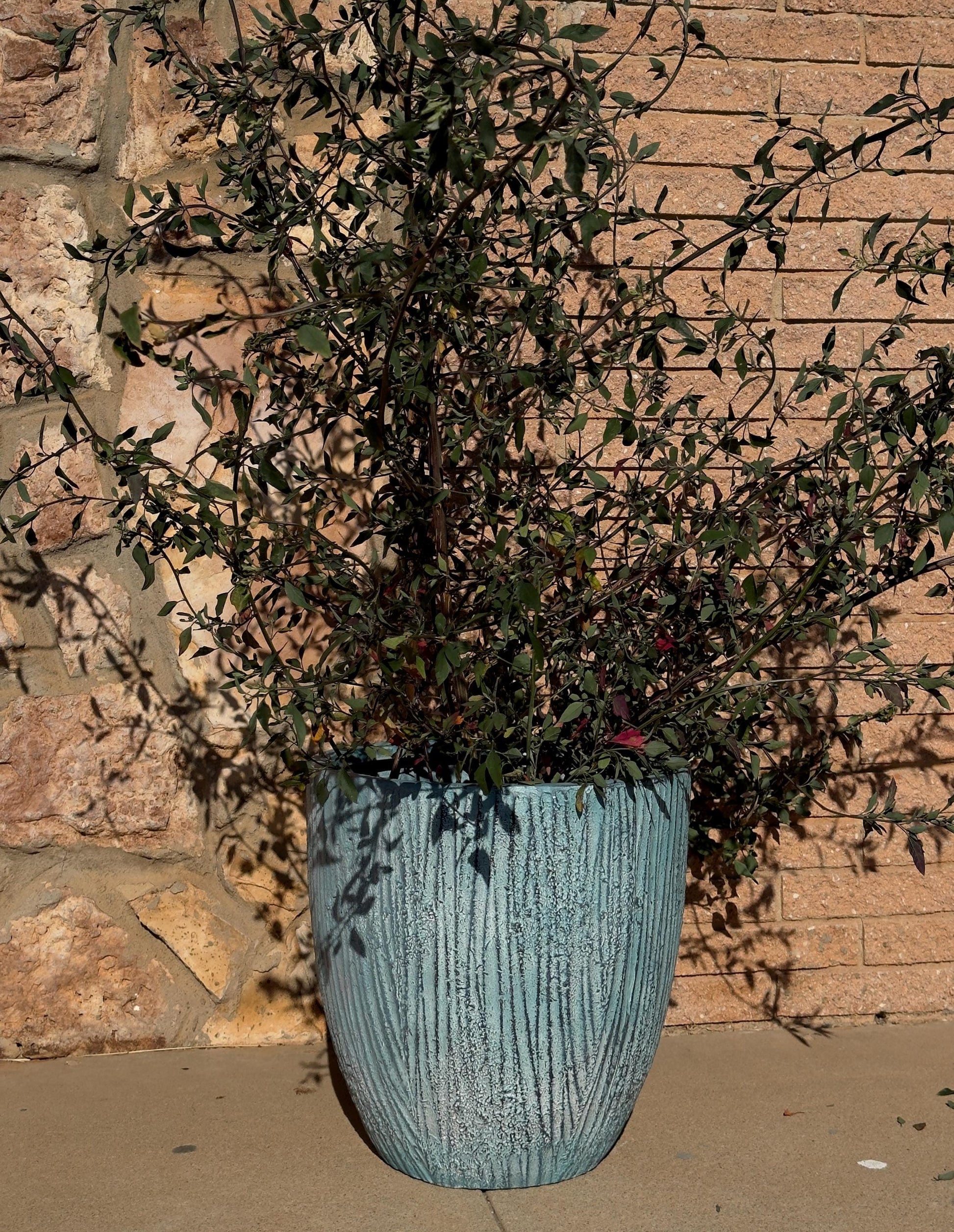 Teal Rust Fiberglass Planter: Round Garden Pot, Natural Texture
