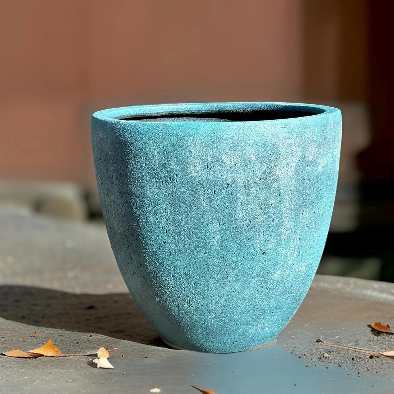 15" Round Fiberglass Planter: Modern Stone Finish, Indoor/Outdoor