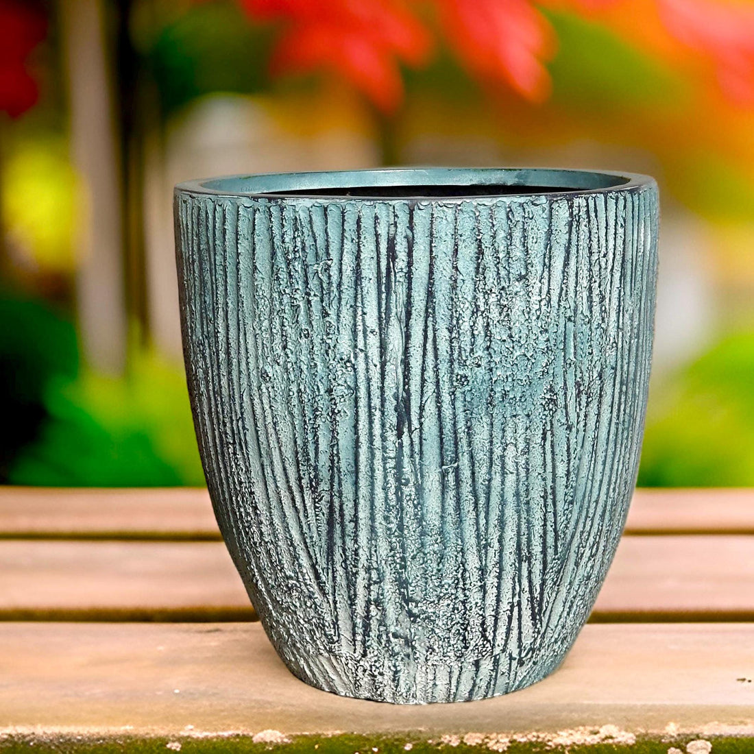 Teal Rust Fiberglass Planter: Round Garden Pot, Natural Texture