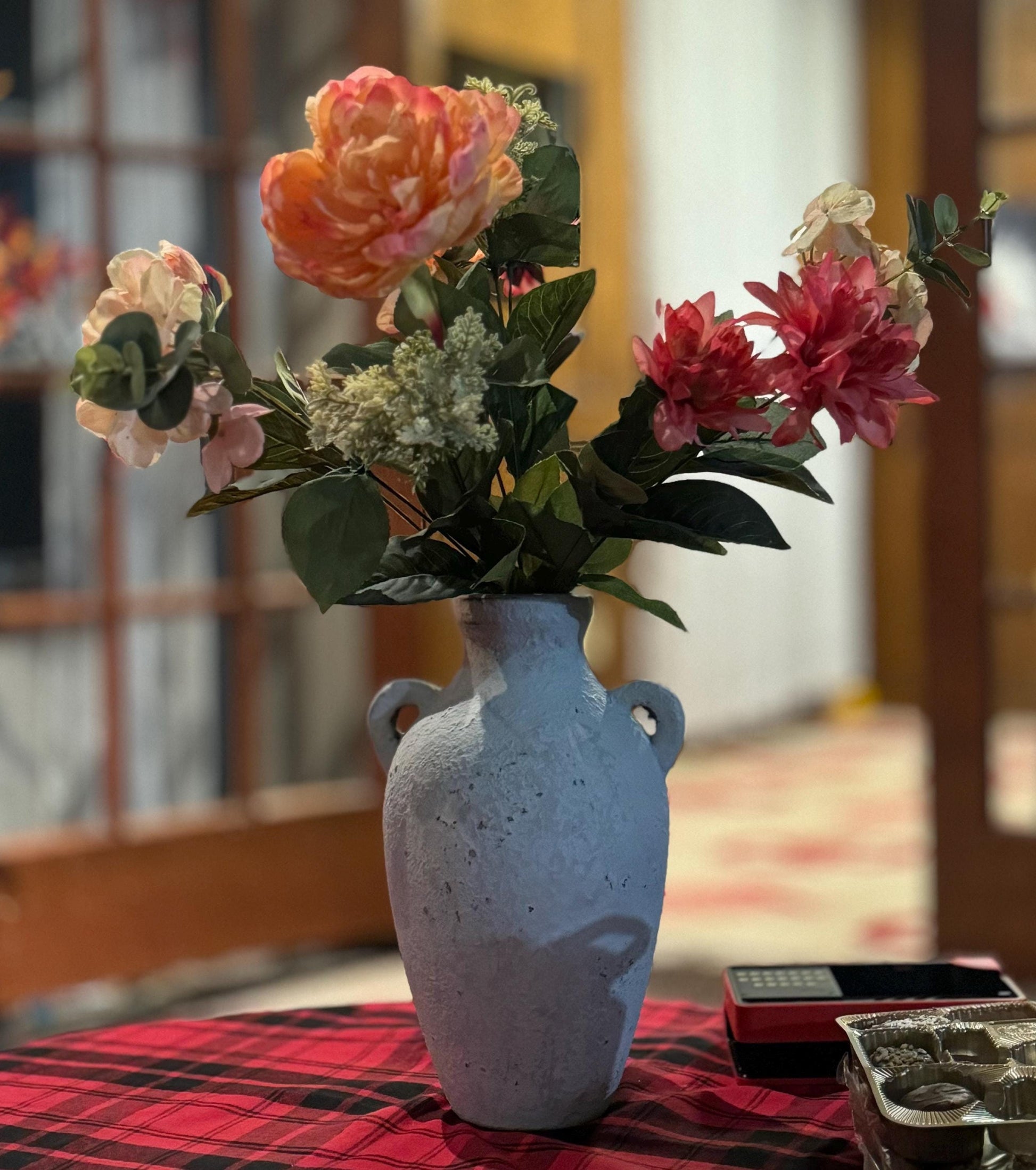 Handmade Concrete Vase with Handles - Antique White Finish (7x7x12 Inches)