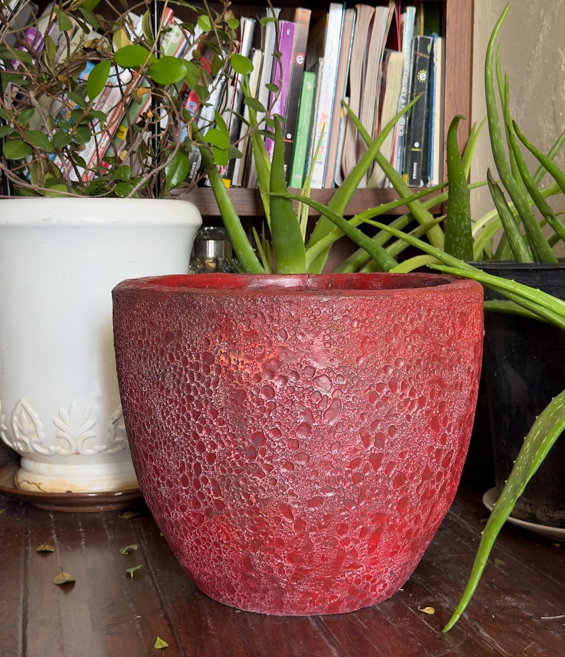 Handmade Red Fiberglass Planter: Moon Surface Style (14-18 Inches)