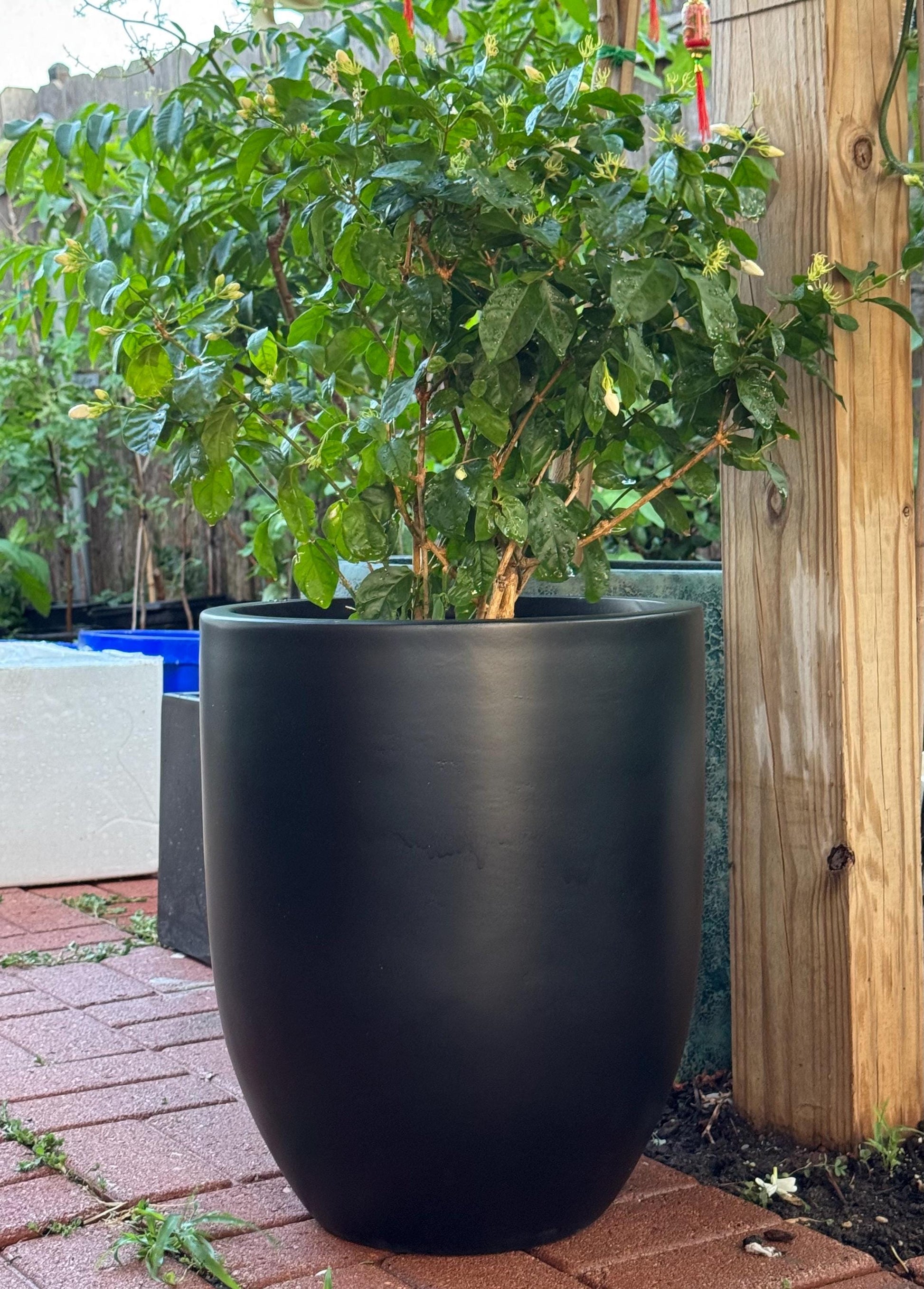 Matte Black Fiberglass Planter: Modern Round Garden Pot