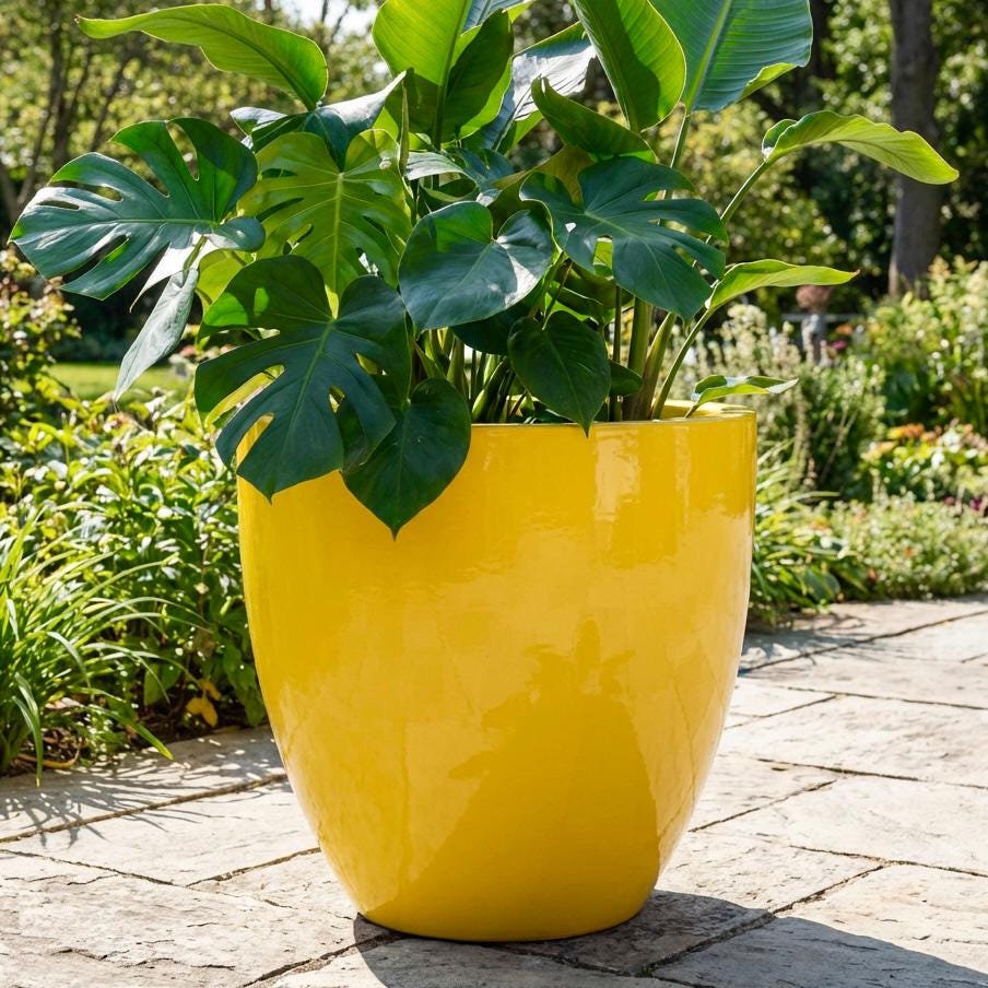 Glossy Yellow Fiberglass Planter: Modern Round Home Garden Pot, 14-27 Inch
