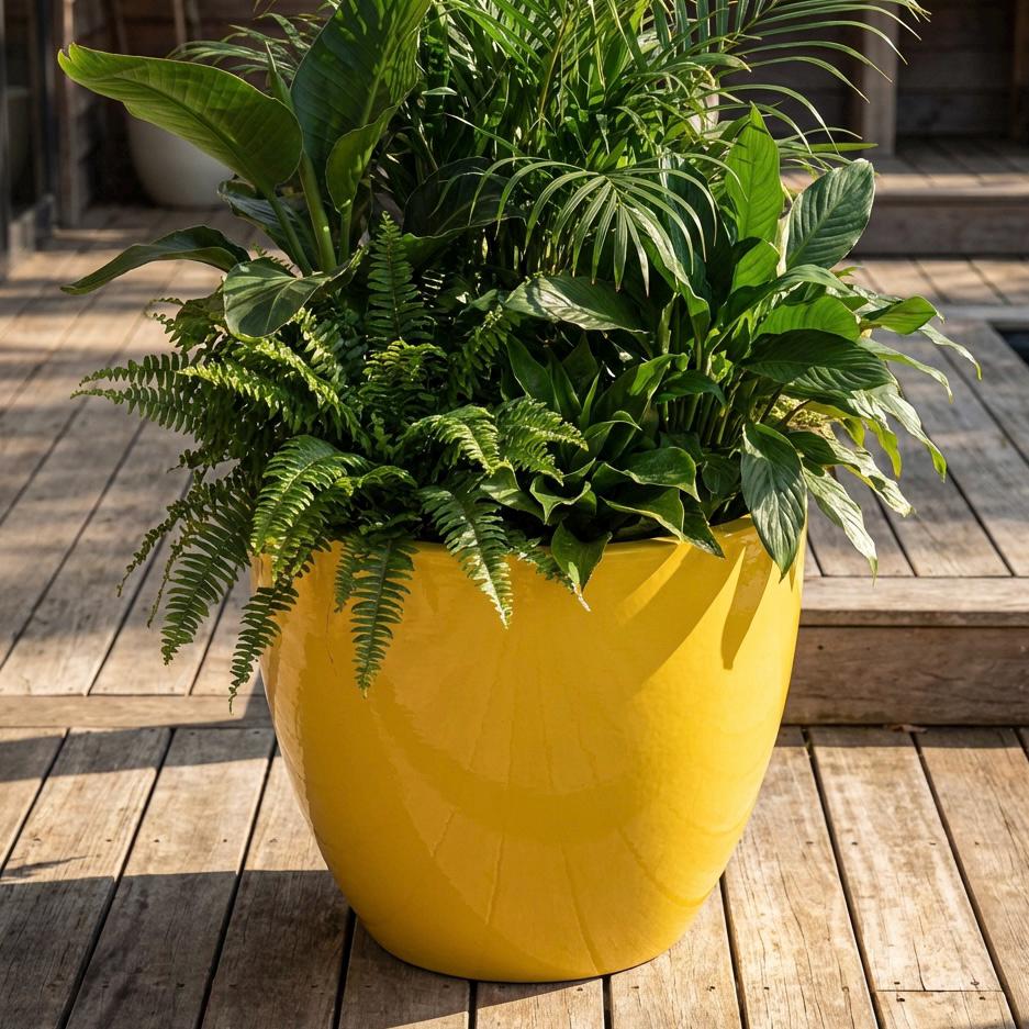 Glossy Yellow Fiberglass Planter: Modern Round Home Garden Pot, 14-27 Inch