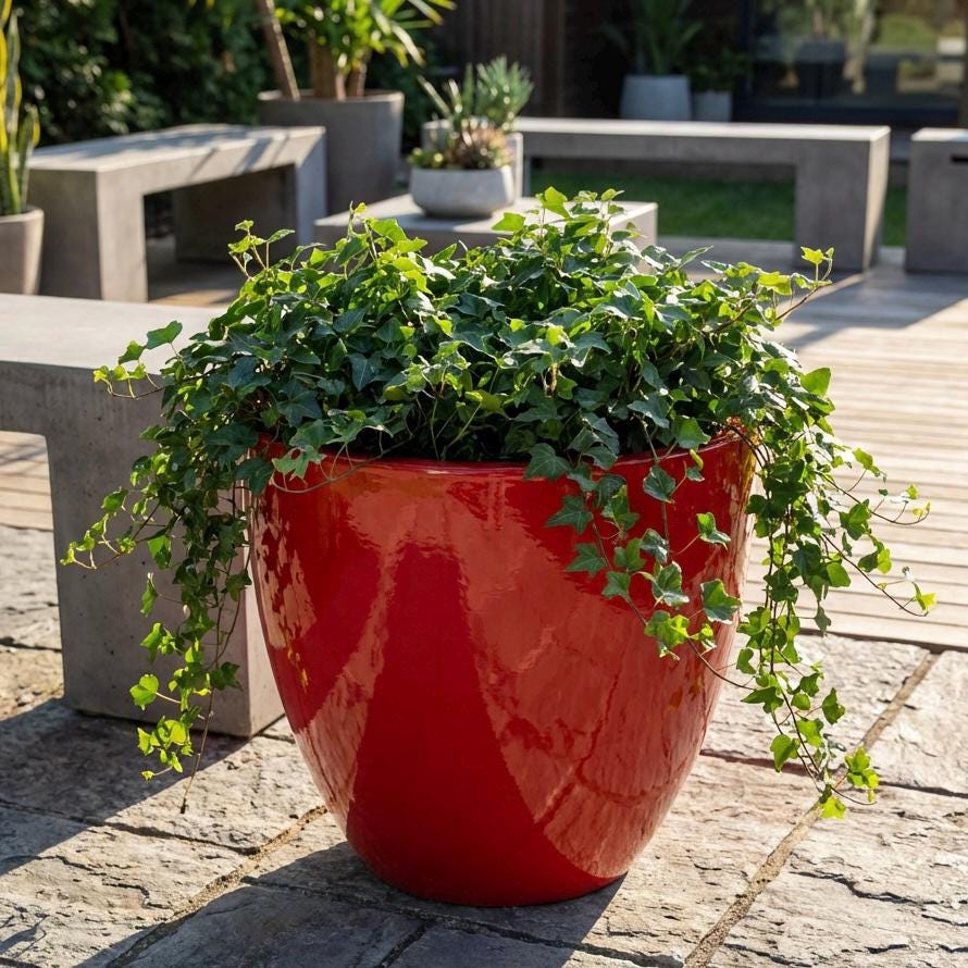Glossy Red Fiberglass Planter: Modern Round Home Garden Pot, 14-27 Inch