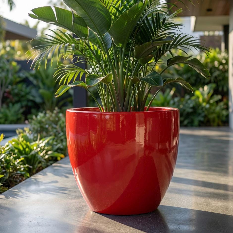 Glossy Red Fiberglass Planter: Modern Round Home Garden Pot, 14-27 Inch