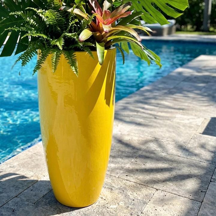 Glossy Yellow Fiberglass Planter: Contemporary Garden Pot (31-39 Inches)