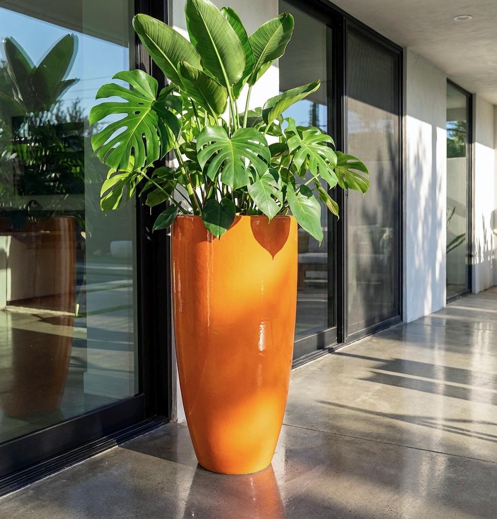 Glossy Orange Fiberglass Planter: Contemporary Garden Pot (31-39 Inches)