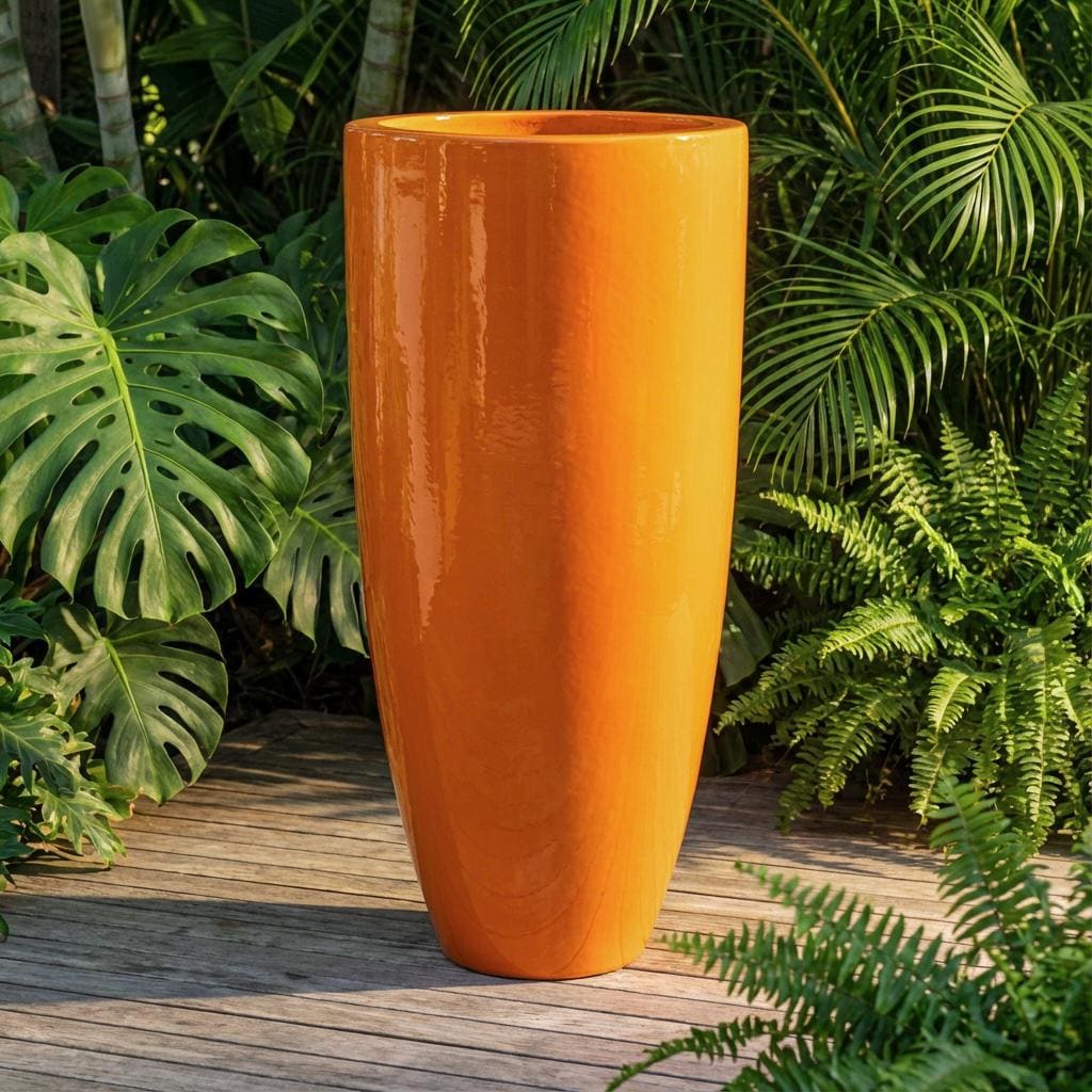 Glossy Orange Fiberglass Planter: Contemporary Garden Pot (31-39 Inches)