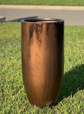 Tall Antique Bronze Fiberglass Planter: Modern Round Garden Decor