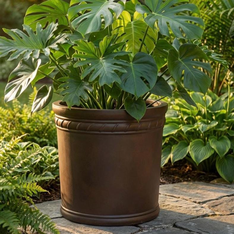 Brown Earth Fiberglass Planter: Round Texture Home Garden Pot, 20-27 Inch