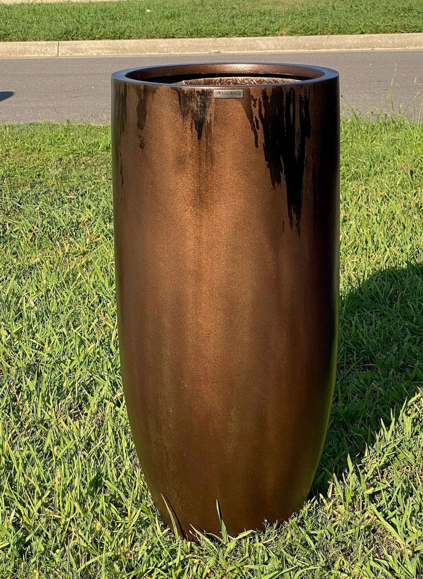 Tall Antique Bronze Fiberglass Planter: Modern Round Garden Decor