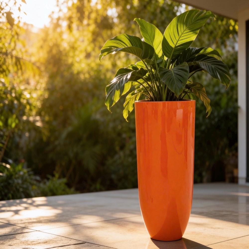 Gloss Orange Fiberglass Planter: Round Tall Contemporary Garden Pot