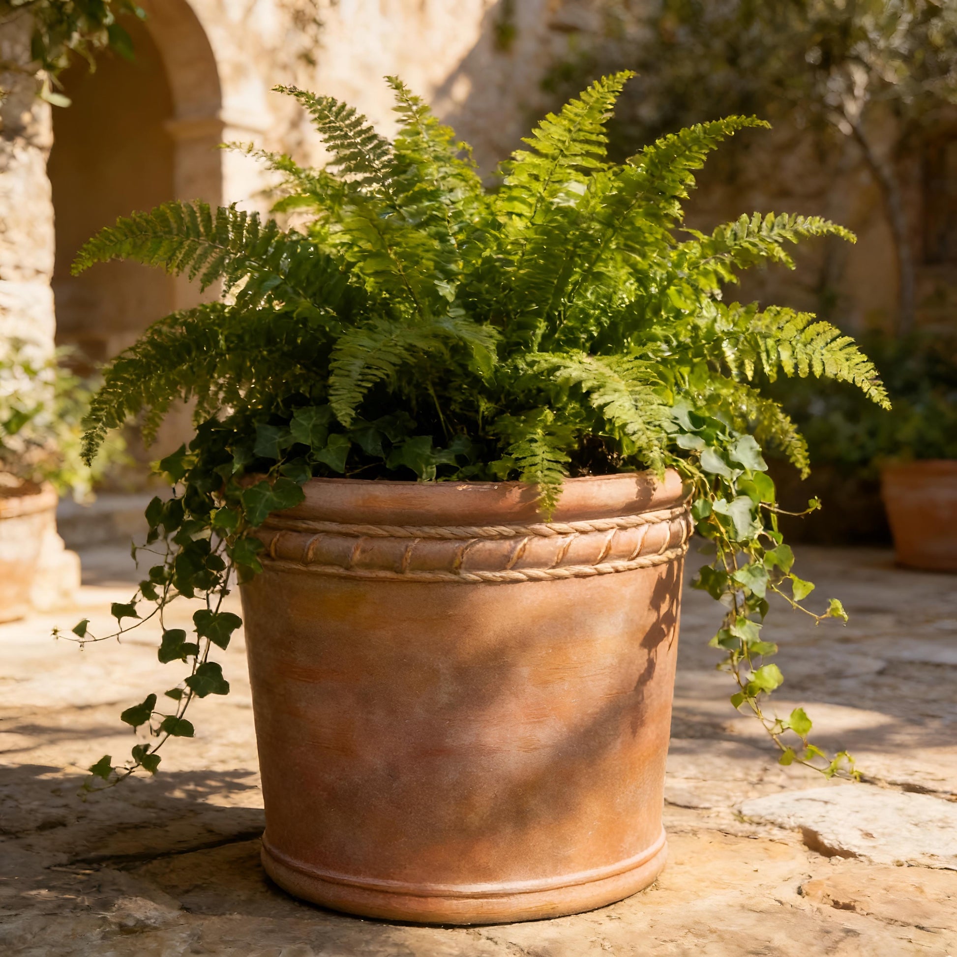 Large Terracotta Color Fiberglass Planter: Round Home Garden Pot, 20-27 Inch