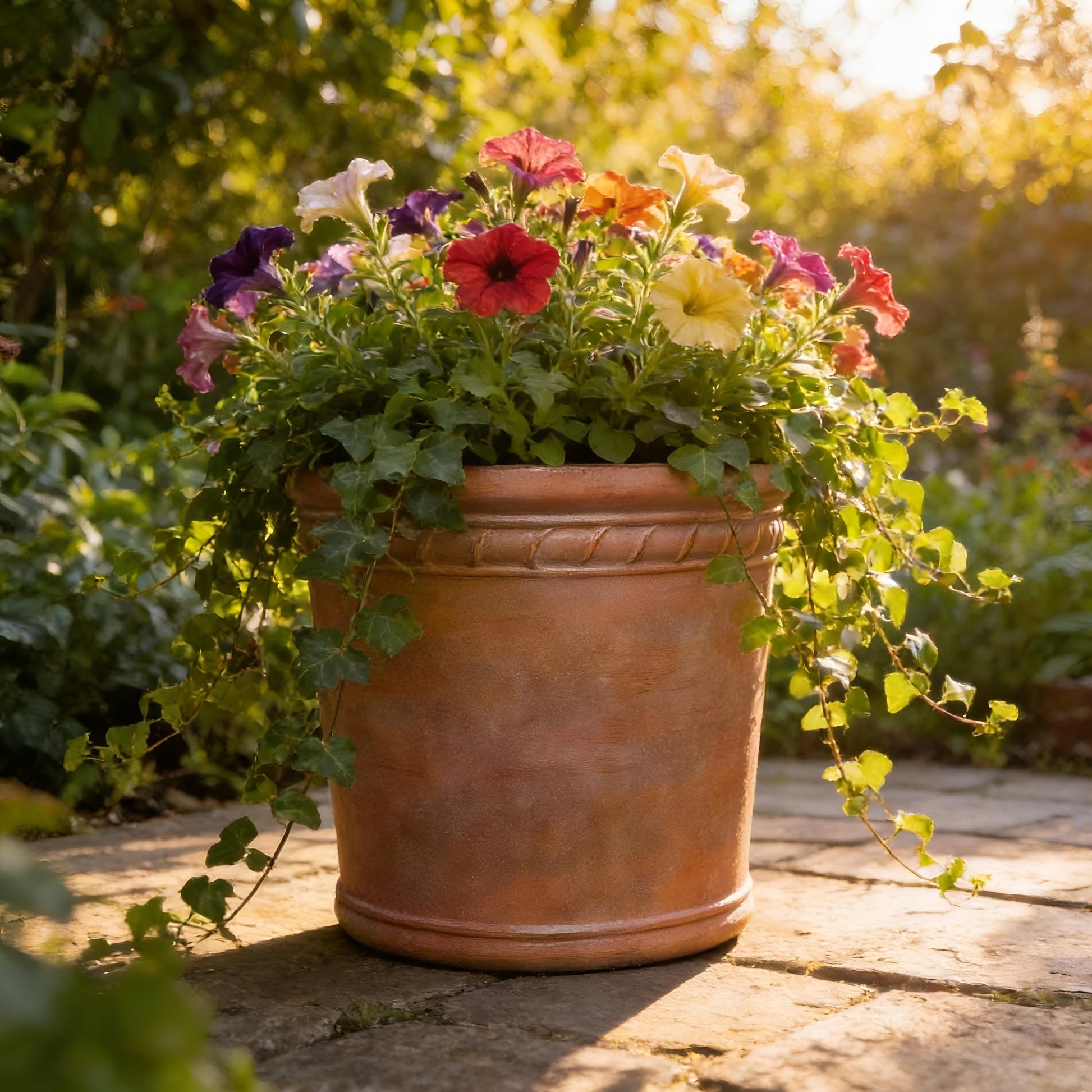 Large Terracotta Color Fiberglass Planter: Round Home Garden Pot, 20-27 Inch