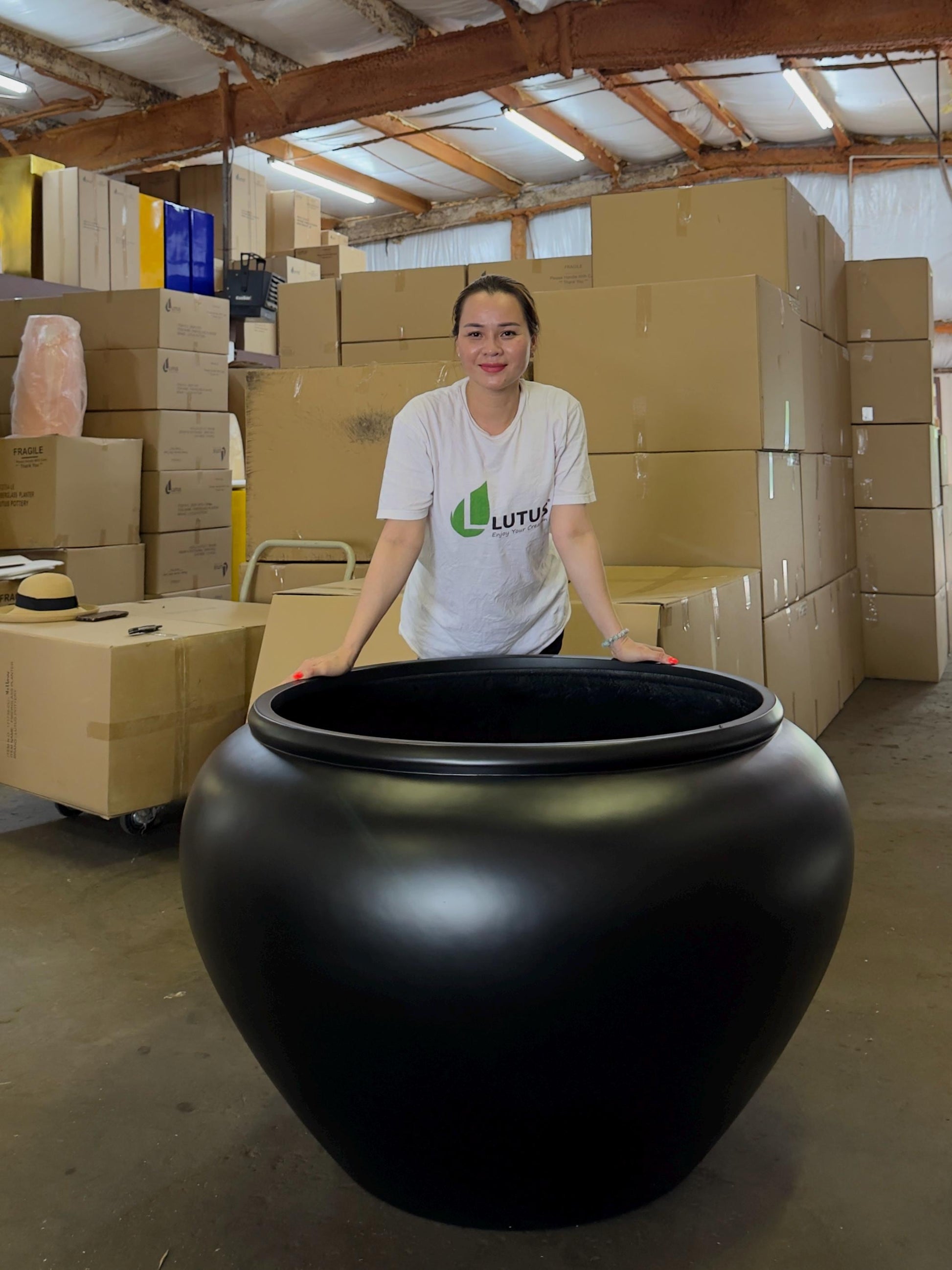 Satin Black Fiberglass Planter: 25-43 Inch XXL Round Garden Pot