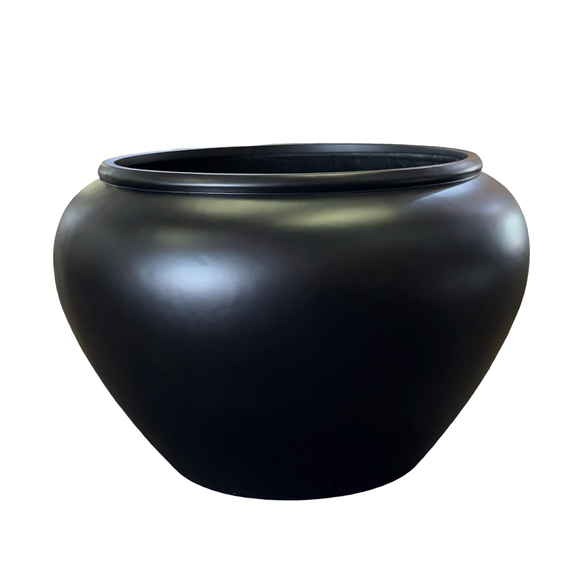 Satin Black Fiberglass Planter: 25-43 Inch XXL Round Garden Pot