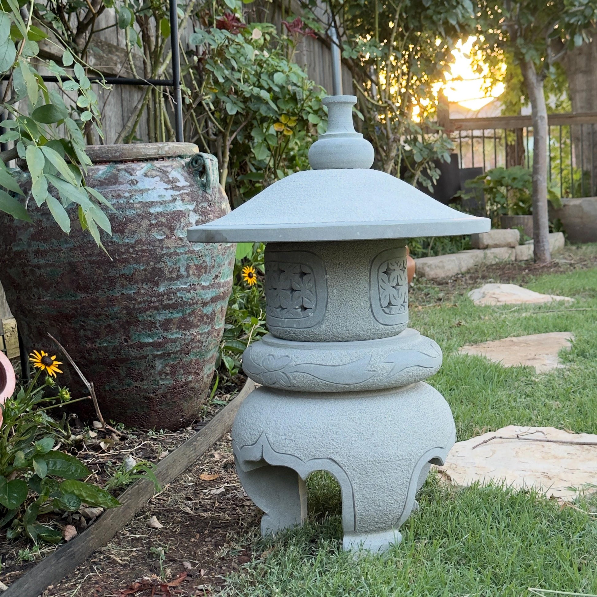 23 Inches Tall Hand-Carved Natural Granite Japanese Lantern, Round Lantern Outdoor Garden Decoration