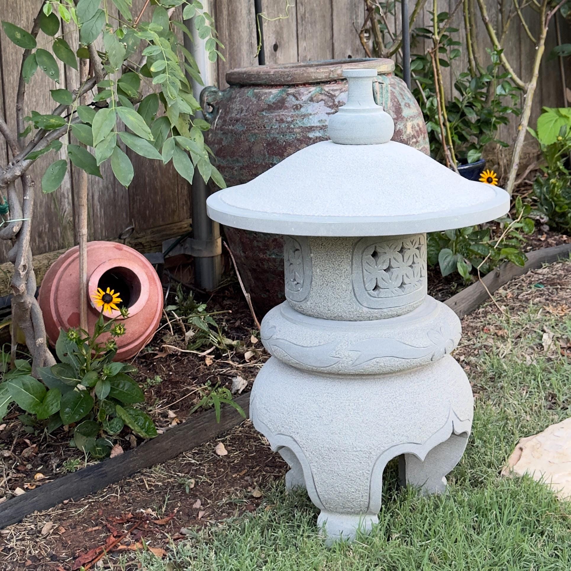 23 Inches Tall Hand-Carved Natural Granite Japanese Lantern, Round Lantern Outdoor Garden Decoration
