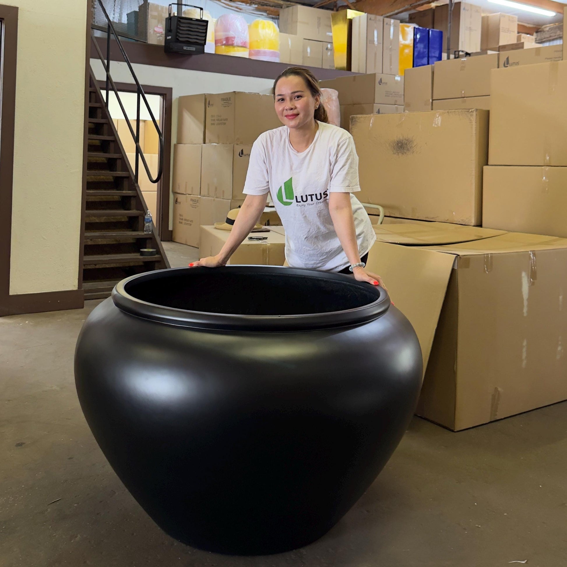 Satin Black Fiberglass Planter: 25-43 Inch XXL Round Garden Pot