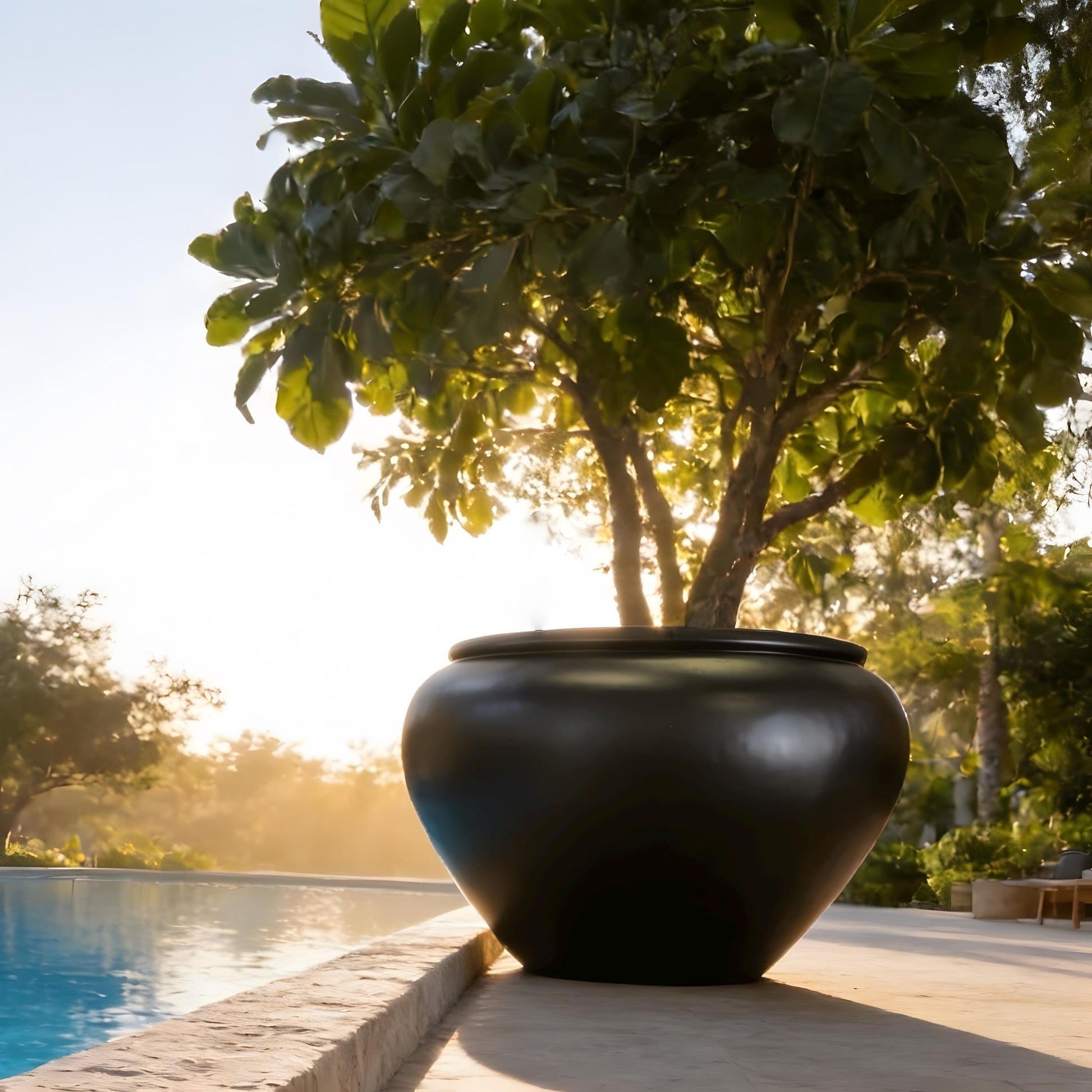 Satin Black Fiberglass Planter: 25-43 Inch XXL Round Garden Pot