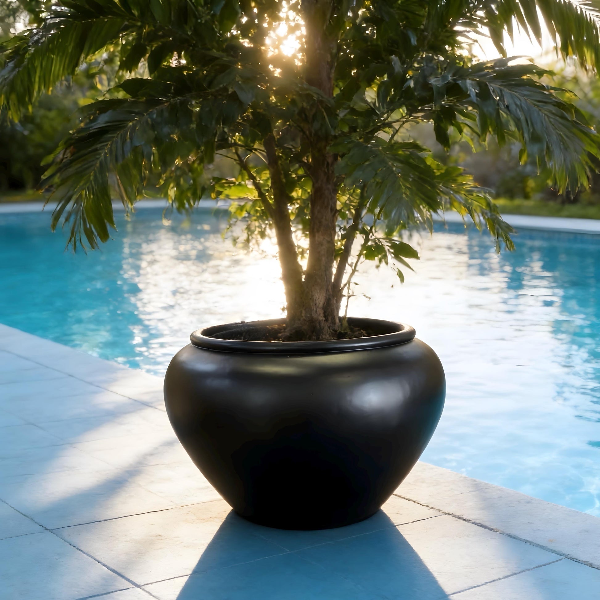 Satin Black Fiberglass Planter: 25-43 Inch XXL Round Garden Pot