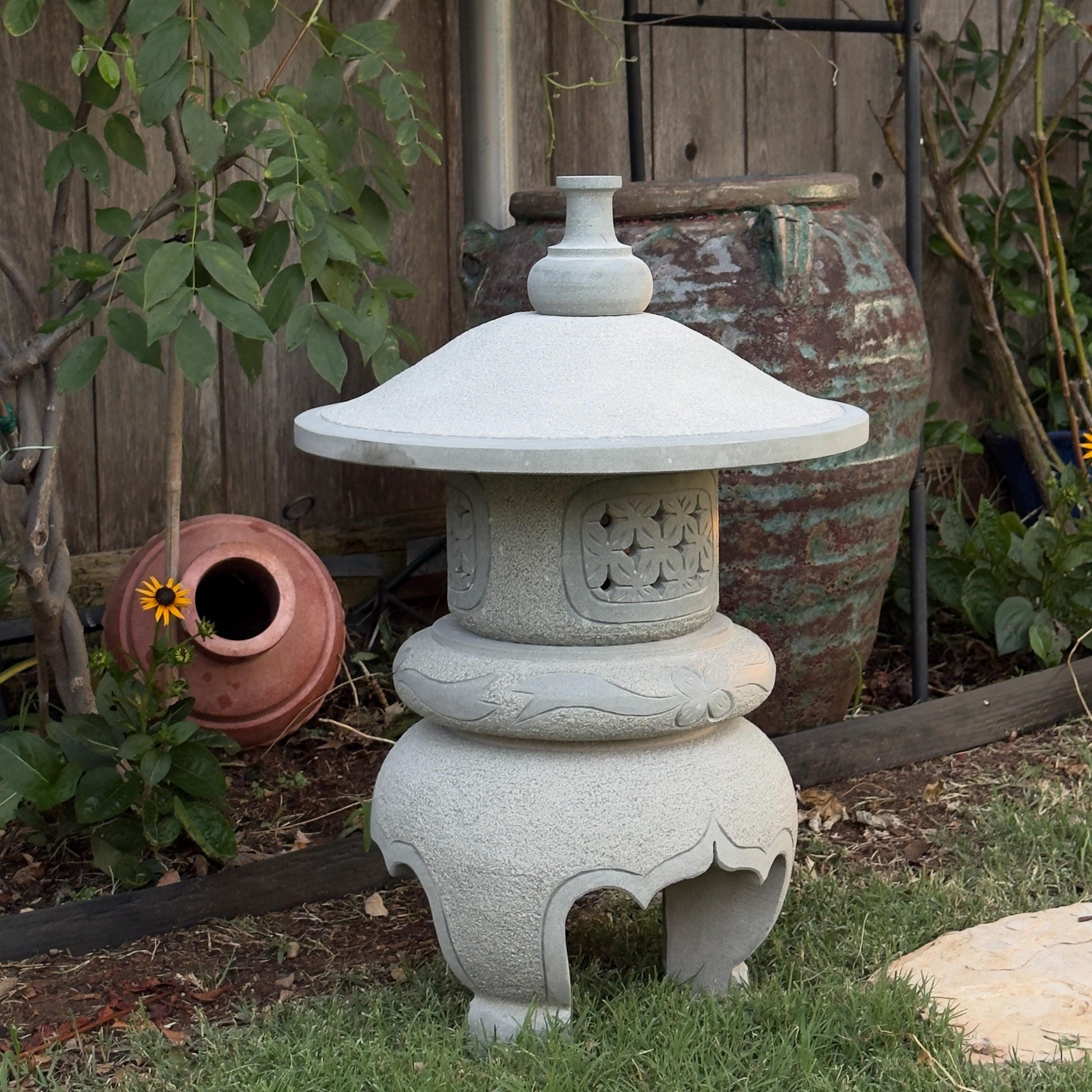 23 Inches Tall Hand-Carved Natural Granite Japanese Lantern, Round Lantern Outdoor Garden Decoration