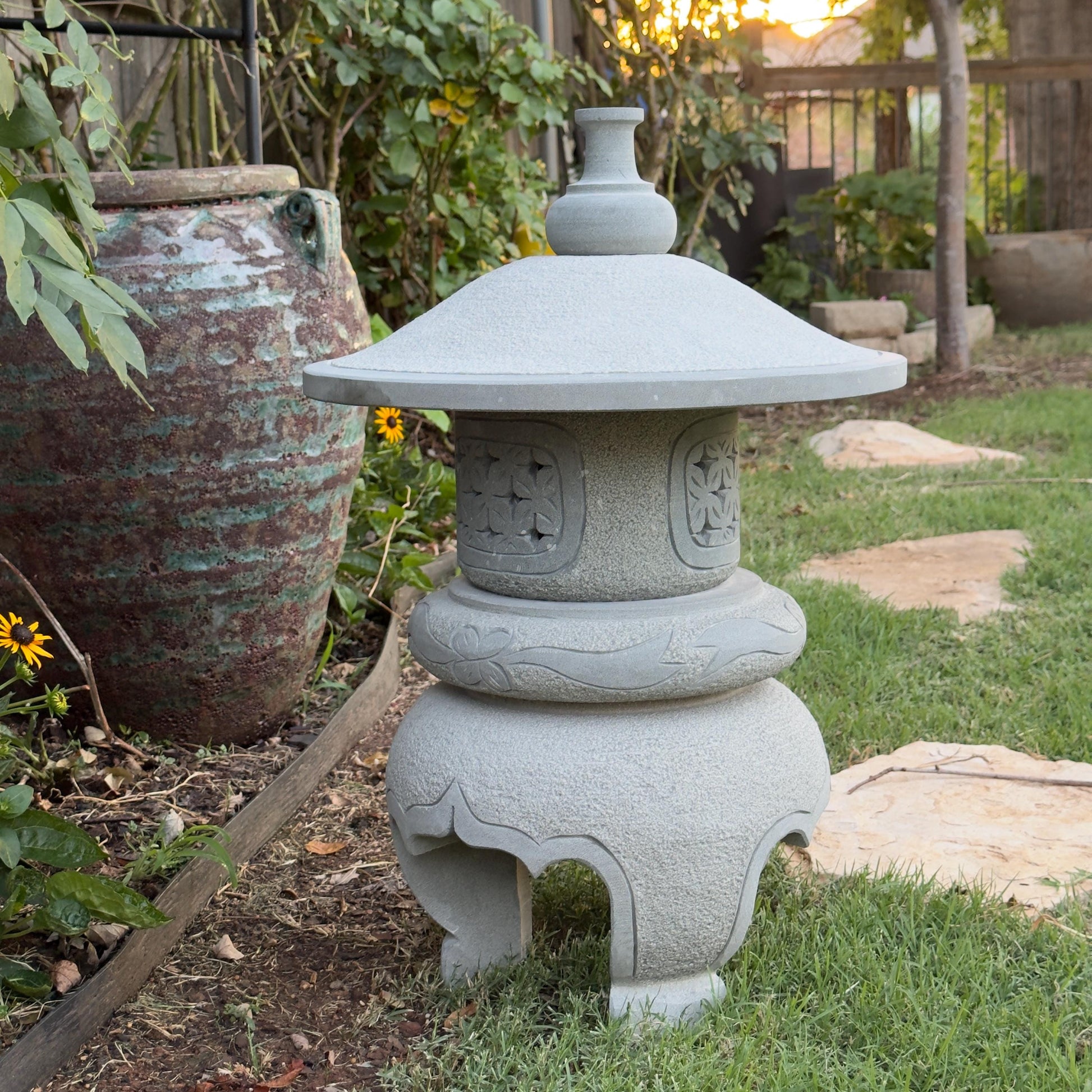 23 Inches Tall Hand-Carved Natural Granite Japanese Lantern, Round Lantern Outdoor Garden Decoration