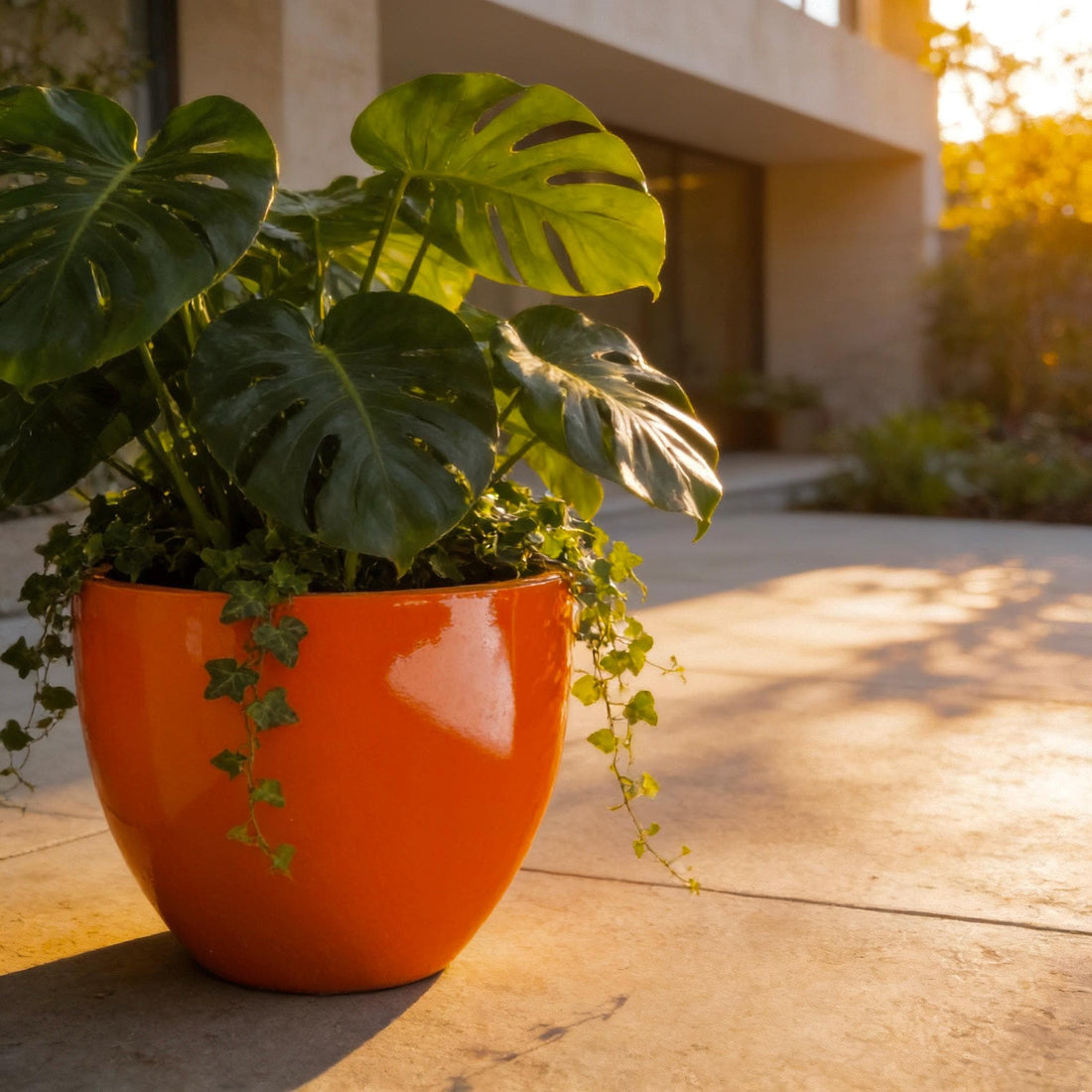 Glossy Orange Fiberglass Planter: Modern Round Home Garden Pot, 17-24 Inches