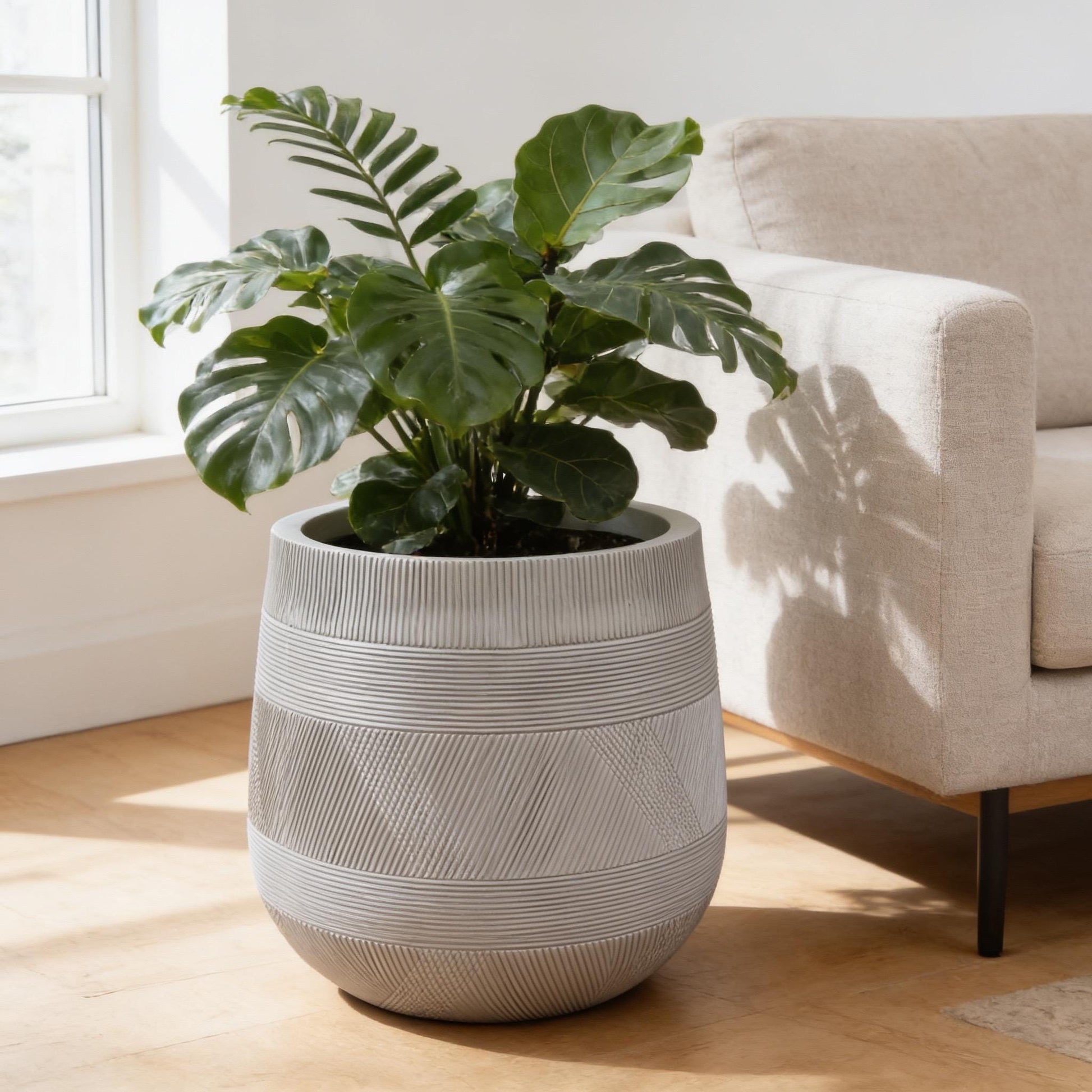 Round Fiberglass Planter With Stripe textures Home & Garden Decor Pot- Black and Paige