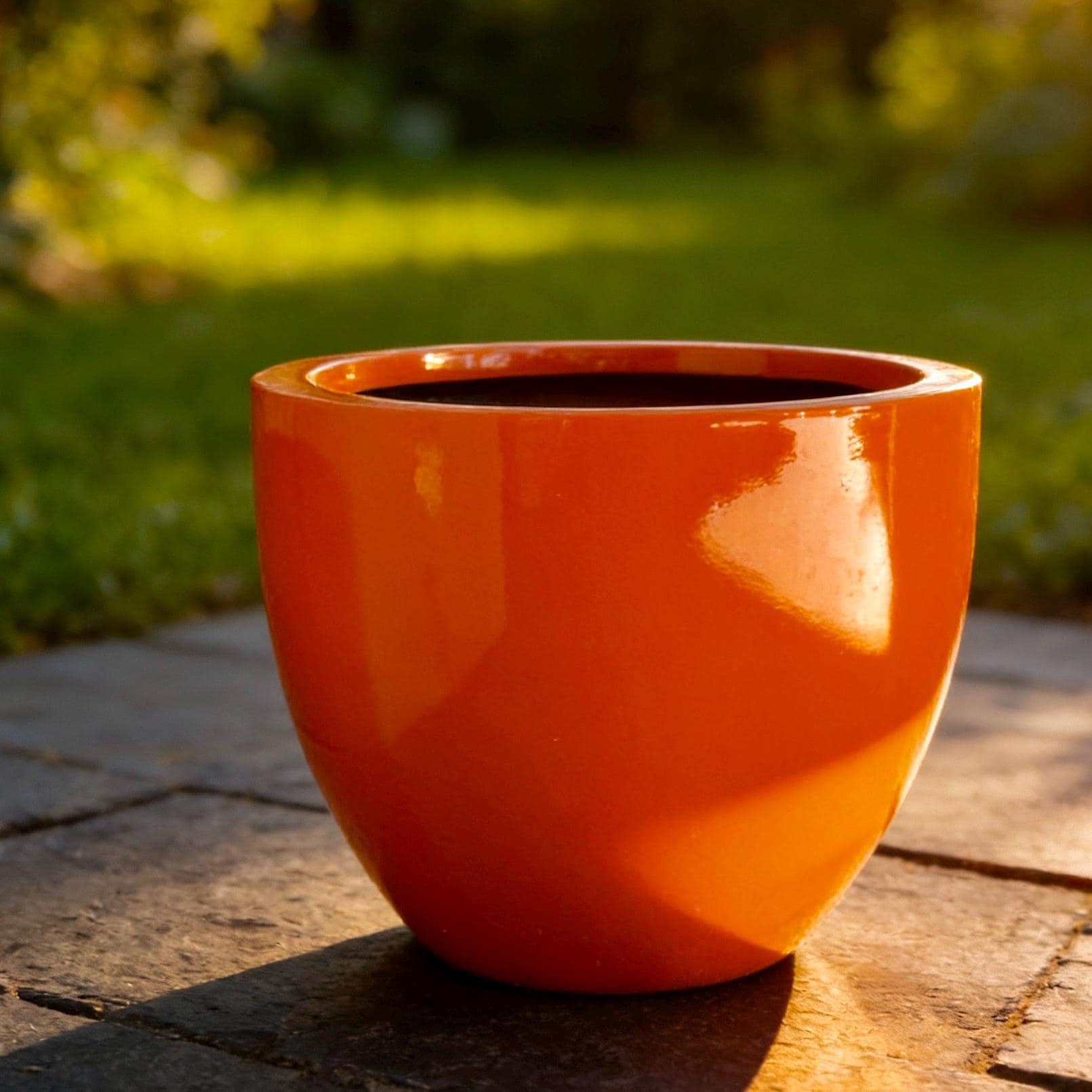 Glossy Orange Fiberglass Planter: Modern Round Home Garden Pot, 17-24 Inches