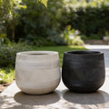 Round Fiberglass Planter With Stripe textures Home & Garden Decor Pot- Black and Paige