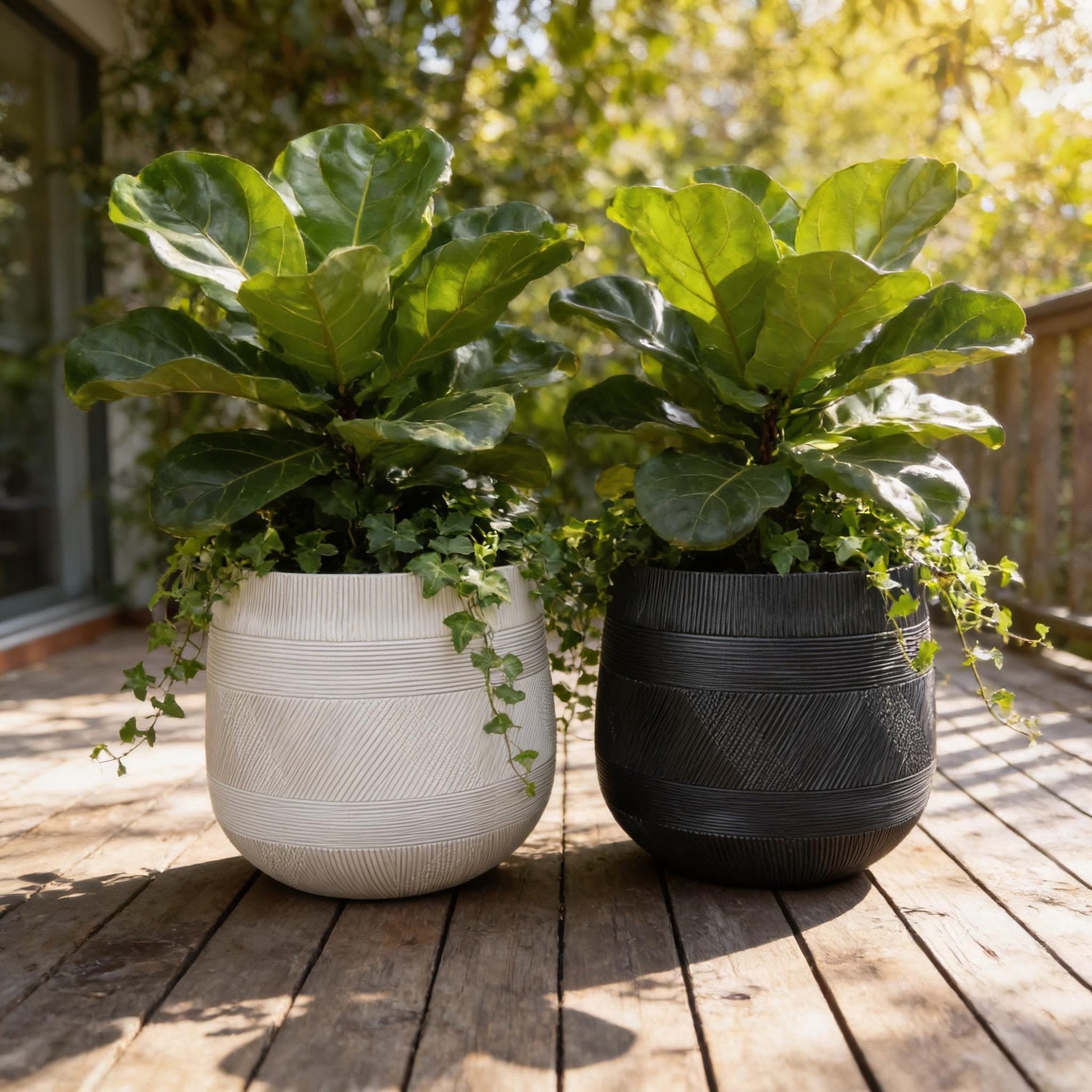 Round Fiberglass Planter With Stripe textures Home & Garden Decor Pot- Black and Paige