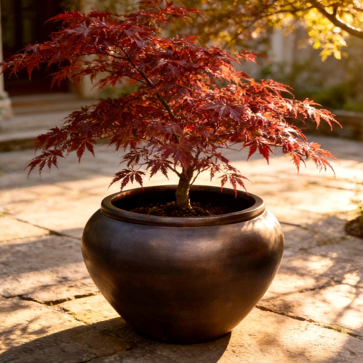 Large Round Fiberglass Planter: 23-43 Inch Round Garden Pot In Dark Copper