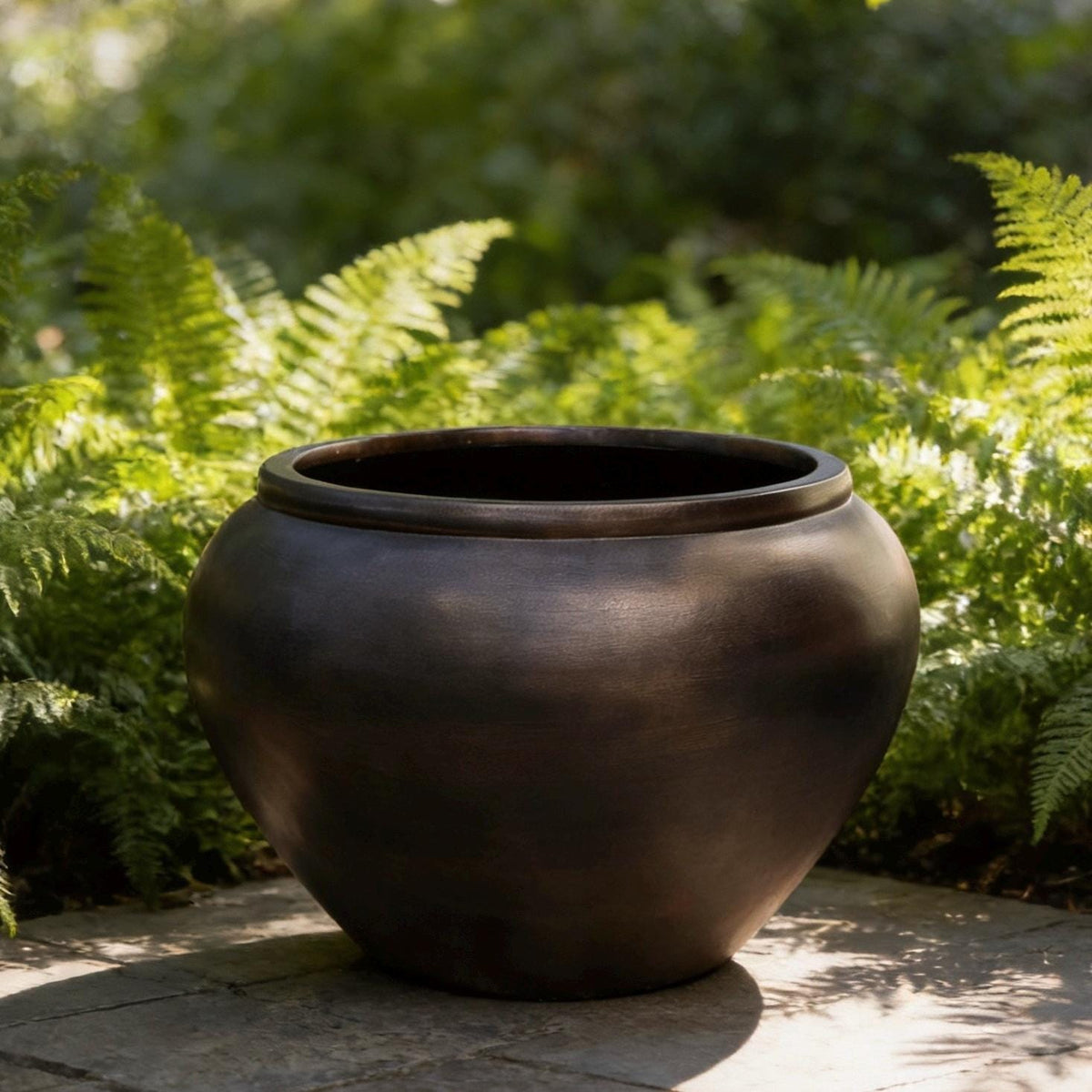 Large Round Fiberglass Planter: 23-43 Inch Round Garden Pot In Dark Copper