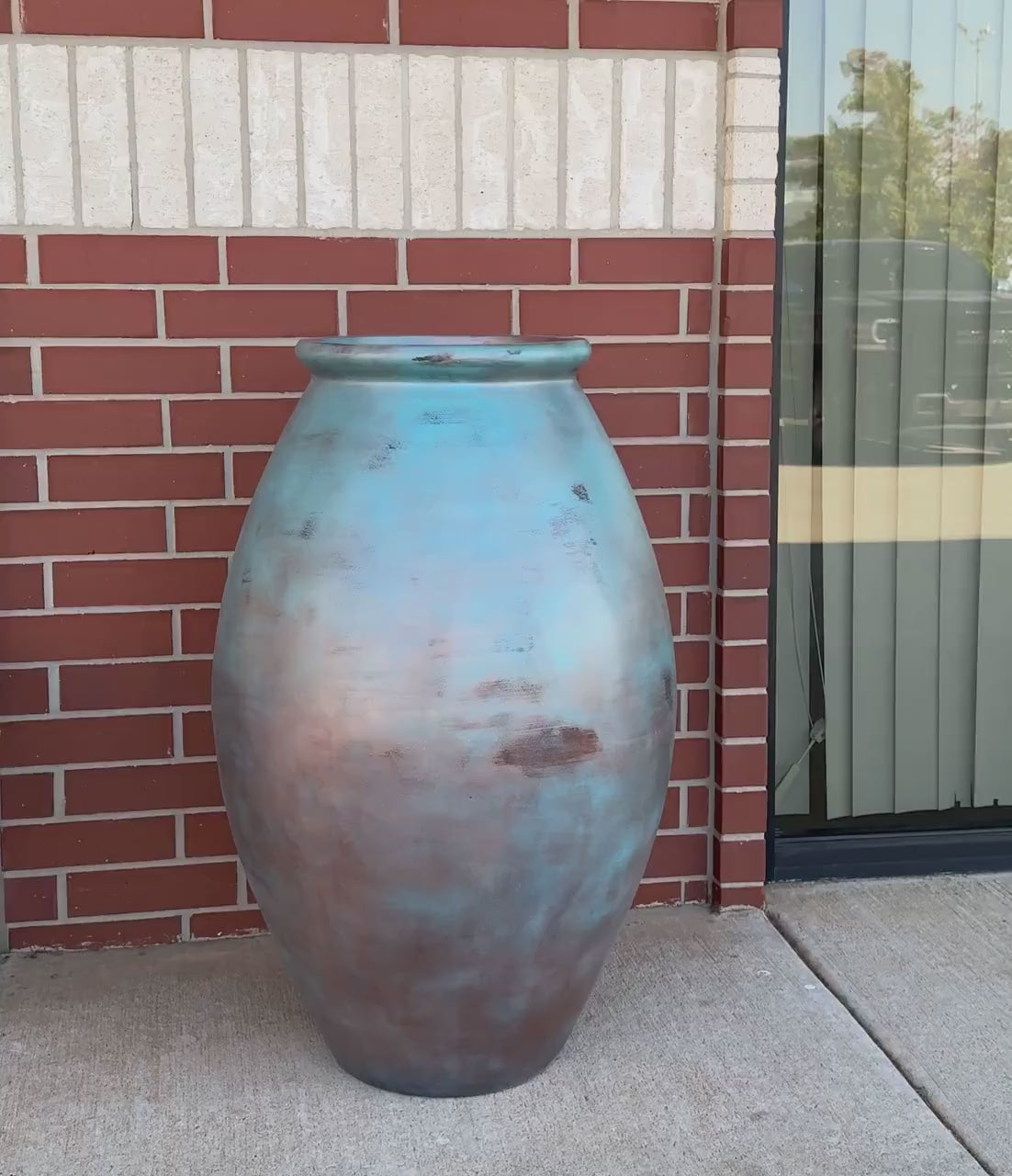 Large Patina Copper Fiberglass Planter: 35-45 Inch Round Jar