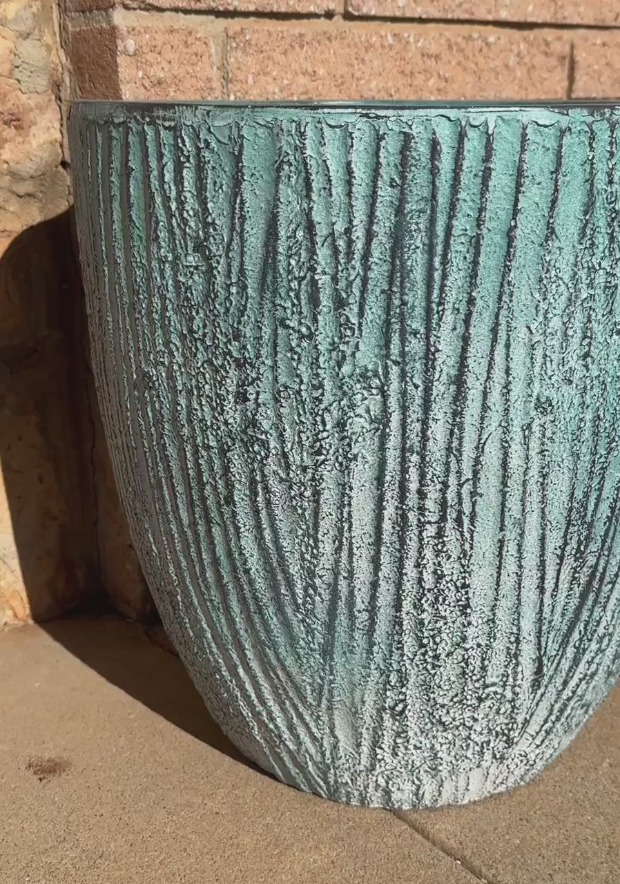 Teal Rust Fiberglass Planter: Round Garden Pot, Natural Texture