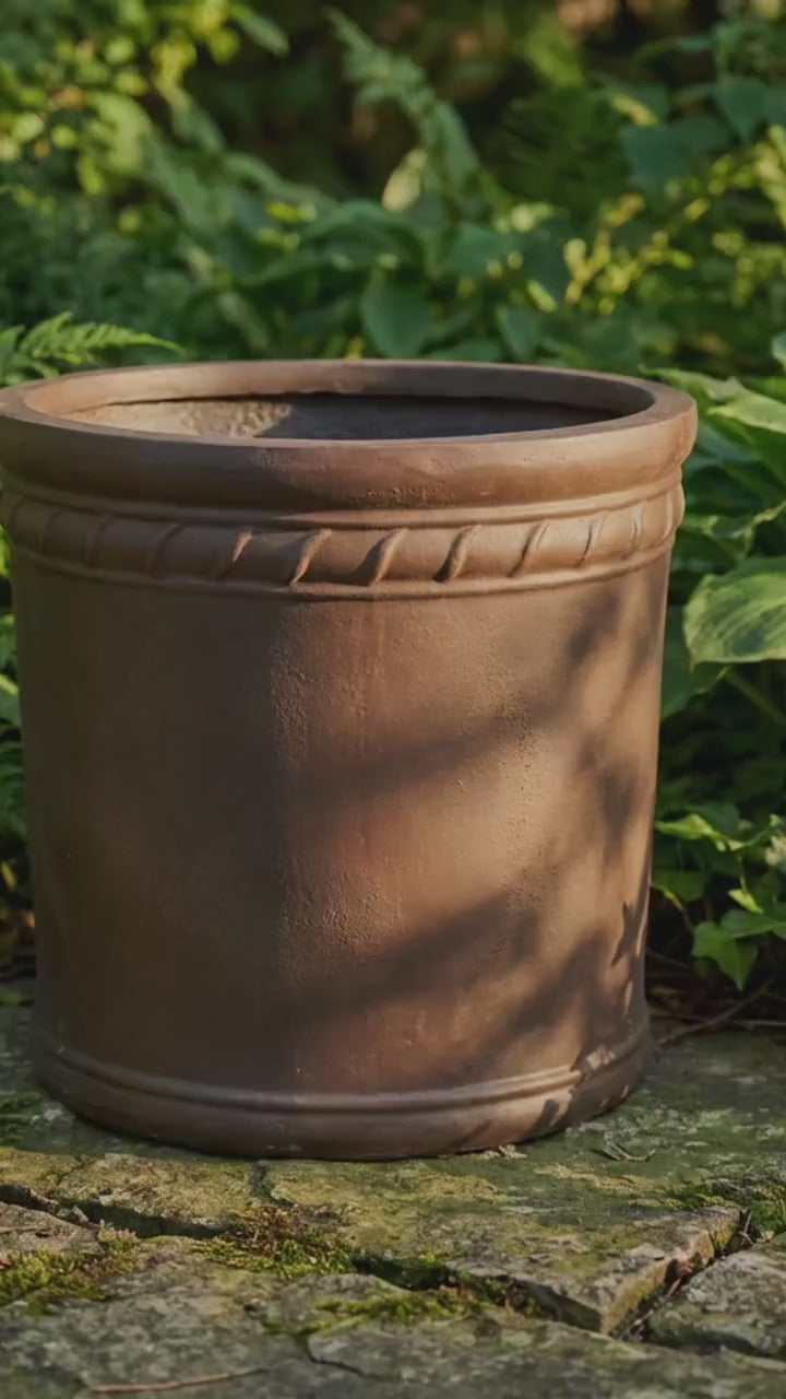 Brown Earth Fiberglass Planter: Round Texture Home Garden Pot, 20-27 Inch