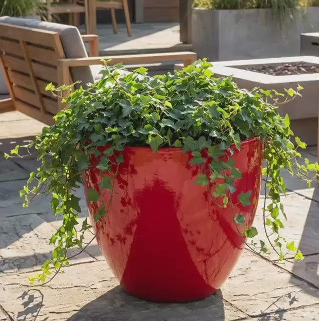 Glossy Red Fiberglass Planter: Modern Round Home  Garden Pot, 14-27 Inch