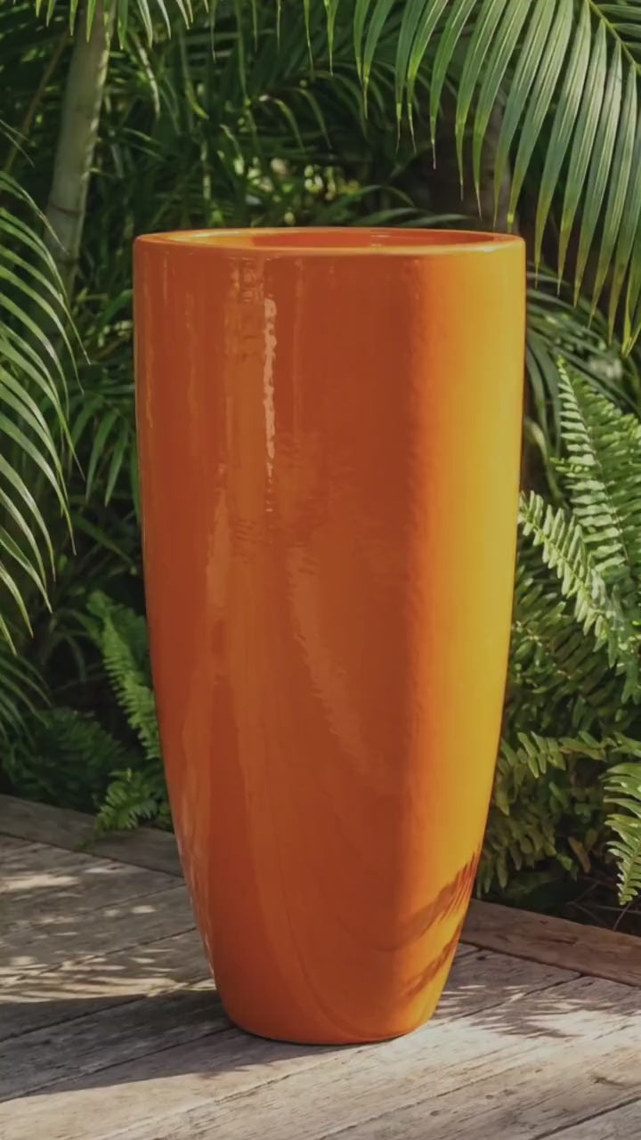 Glossy Orange Fiberglass Planter: Contemporary Garden Pot (31-39 Inches)