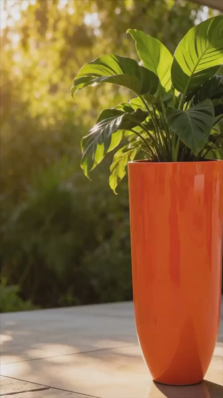 Gloss Orange Fiberglass Planter: Round Tall Contemporary Garden Pot